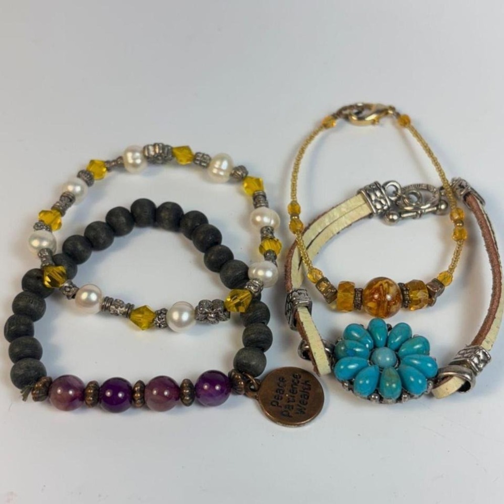 Boho vintage bracelet collection with metal, glass, acrylic, and imitation pearl